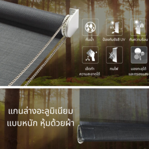 โครงสร้างม่านม้วนเมทัลลิคสกรีนแบบโซ่ พร้อมไอคอนแสดงคุณสมบัติ