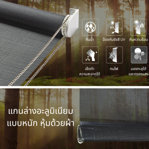 โครงสร้างม่านม้วนเมทัลลิคสกรีนแบบโซ่ พร้อมไอคอนแสดงคุณสมบัติ