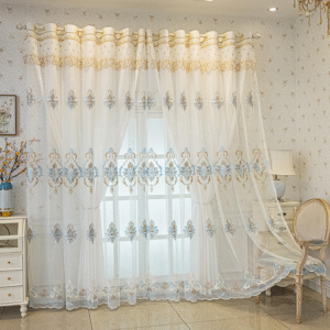 ESBC-022 | ม่านปักลายคลาสสิก สีขาวฟ้าทอง สไตล์หรูหรา พร้อมผ้าโปร่ง