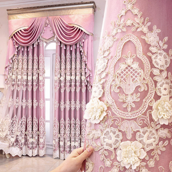 ม่านหรู สไตล์ฝรั่งเศส สีชมพู ปักลายวิจิตร