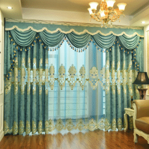 LC-060 | ผ้าม่านปักลายดอกไม้สไตล์ยุโรป สีน้ำเงินทอง