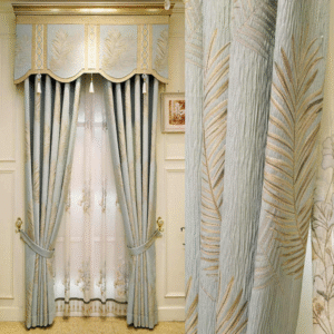 LC-055 | ม่านห้องนั่งเล่นสีฟ้า ผ้า Jacquard คุณภาพสูง ลายใบไม้สไตล์โมเดิร์น