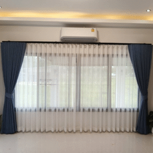 LC-003 | ผ้าม่านลอนสองชั้น สีน้ำเงินกรมท่า – เรียบหรู พร้อมม่านโปร่งในตัว